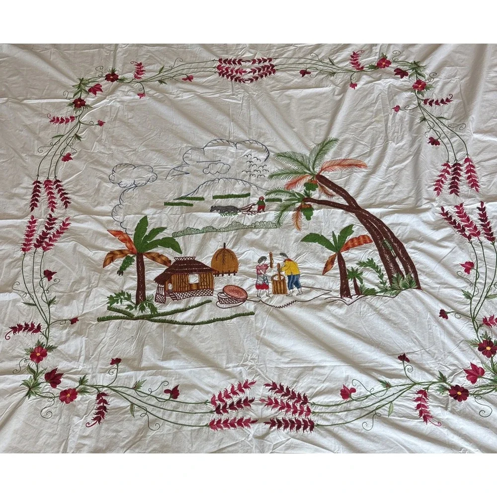 Rare Vintage Embroidered Island Scene 81x76 Bedsheet ART Flowers‎ Palms Mountain